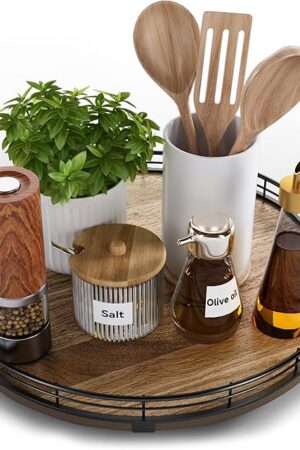 Acacia Wood 13" Lazy Susan Turntable Organizer for Table Top, Farmhouse Round Wooden Lazy Susan for Cabinet Kitchen Centerpieces Coffee Table, for Condiments Spices, Bathroom Vanity Tray Decor