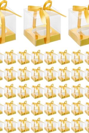 96 Pieces Individual Cupcake Boxes Single Cupcake Container Clear Cupcake Carrier Plastic Cupcake Storage Cupcake Holder with Ribbon and Insert for Wedding Birthday Party Favor, 3.5 x 3.5 x 3.5(Gold)