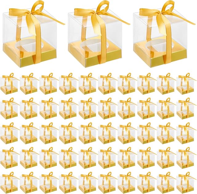 96 Pieces Individual Cupcake Boxes Single Cupcake Container Clear Cupcake Carrier Plastic Cupcake Storage Cupcake Holder with Ribbon and Insert for Wedding Birthday Party Favor, 3.5 x 3.5 x 3.5(Gold)