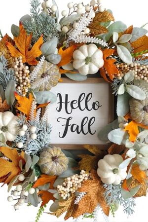 20inch Thanksgiving Fall Wreath, Eucalyptus Berries Pumpkins Lamb Ears Leaves Autumn Wreaths for Front Door, Fall Decor, Porch Wall, Home Outdoor Holiday Decorations Wreath for Autumn