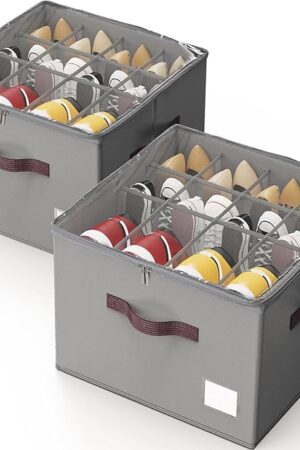 Criusia Shoe Organizer for Closet, 2 Pack Shoe Organizer with Transparent Cover and Sturdy Handles, Closet Shoe Storage for Sneakers Sandals Slippers, Fit 12-16 Pairs, Gray