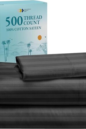California Design Den 500-Thread-Count Twin Size Sheet Set - 100% Pure Cotton Sateen Weave, 3 Piece Dark Gray Bed Set, Dobby Damask Stripe Comfortable Bed Sheets, Deep Pocket Fits Mattress 15 Inches