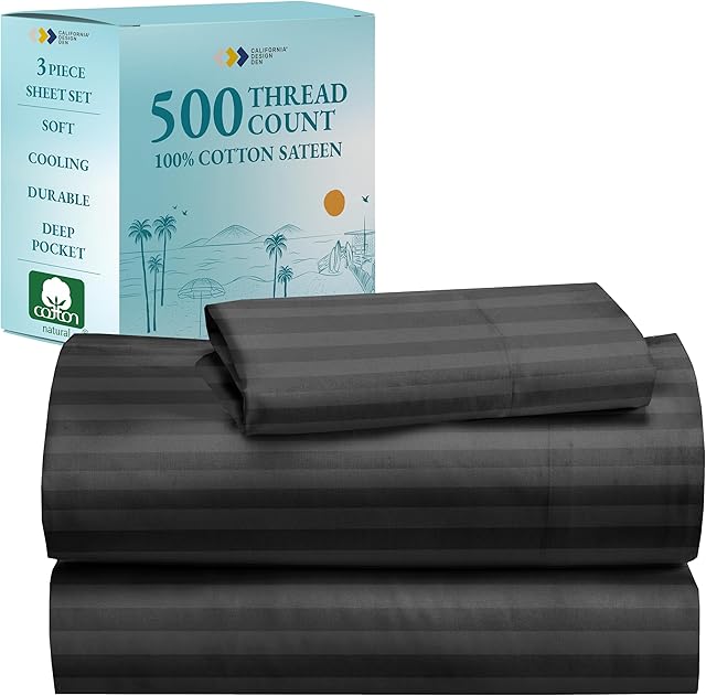 California Design Den 500-Thread-Count Twin Size Sheet Set - 100% Pure Cotton Sateen Weave, 3 Piece Dark Gray Bed Set, Dobby Damask Stripe Comfortable Bed Sheets, Deep Pocket Fits Mattress 15 Inches