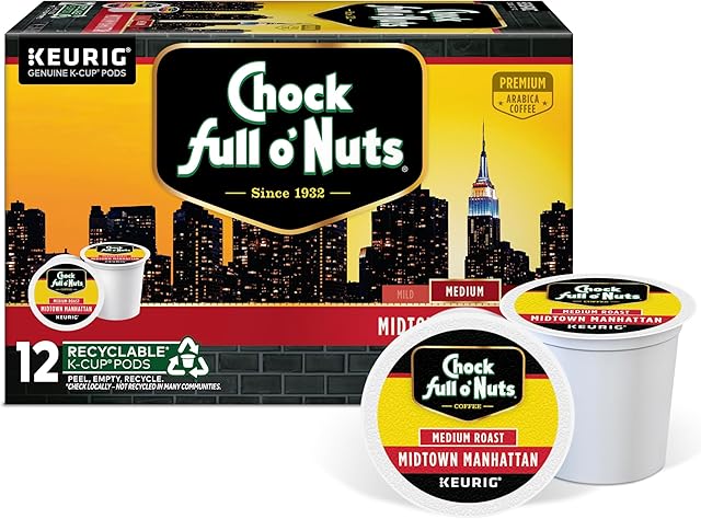 Chock full o’Nuts Midtown Manhattan Keurig K-Cup Pods for Keurig Brewers – Premium Arabica, Medium Roast – Single Serve – 1 Pack of 12 K-Cup Pods