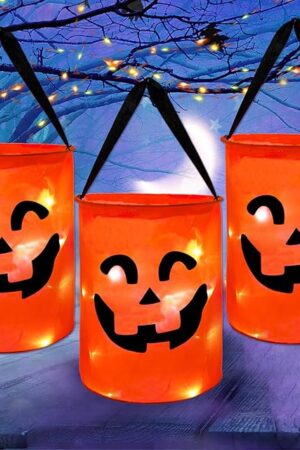 CCINEE 3 Pcs LED Light Halloween Candy Bags for Kids Light Up Multipurpose Halloween Trick or Treat Bucket with Pumpkin Smile Face for Halloween Party Favors Goodie Bags,Orange