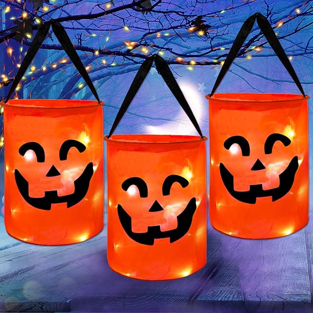 CCINEE 3 Pcs LED Light Halloween Candy Bags for Kids Light Up Multipurpose Halloween Trick or Treat Bucket with Pumpkin Smile Face for Halloween Party Favors Goodie Bags,Orange