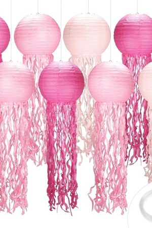 8pack Pink Jellyfish Party Decorations,Jellyfish Lantern Hanging，withTape and String,Mermaid Birthday Decorations for Birthday,Mermaid,Baby Shark,Ocean Themed Party Supplies