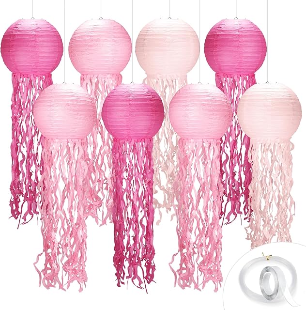 8pack Pink Jellyfish Party Decorations,Jellyfish Lantern Hanging,withTape and String,Mermaid Birthday Decorations for Birthday,Mermaid,Baby Shark,Ocean Themed Party Supplies
