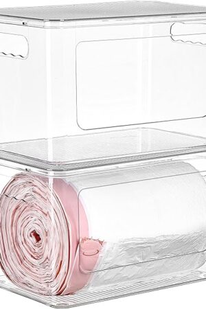 Vtopmart 2 Pack Trash Bag Holder, Stackable Garbage Bag Dispenser for 13/30/33 Gallon Bags, Clear Organizer Bins for Under Kitchen Sink, Laundry Room Organization and Storage