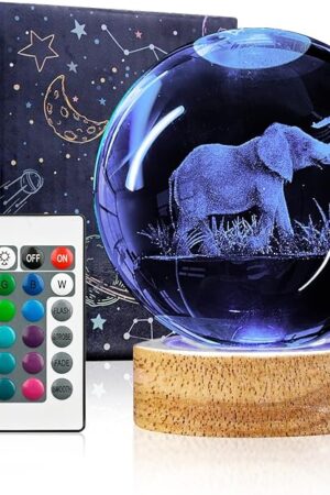 3D Elephant Crystal Ball Night Light with Woodern Base, 3.15" Elephant Figurines Glass Lamp with 16 Colors Cool Desk Decor Elephant Gifts for Women Kids Friends Adults