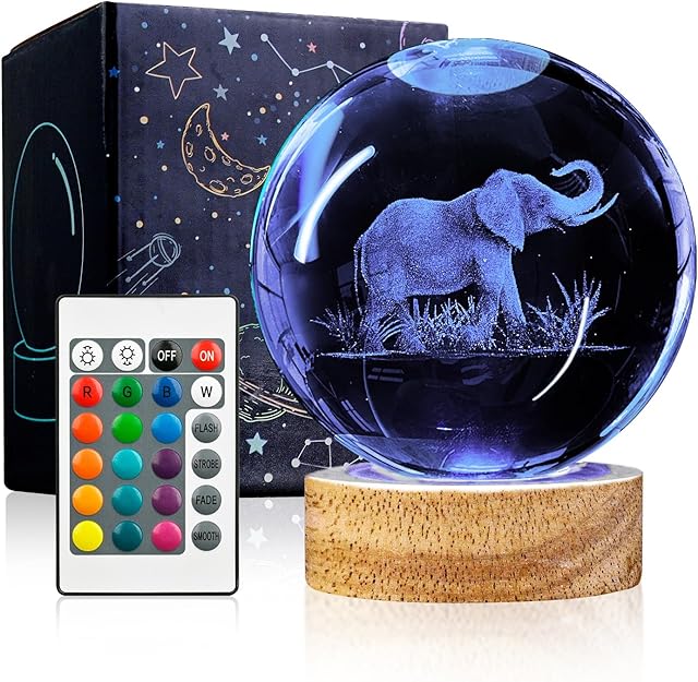3D Elephant Crystal Ball Night Light with Woodern Base, 3.15" Elephant Figurines Glass Lamp with 16 Colors Cool Desk Decor Elephant Gifts for Women Kids Friends Adults