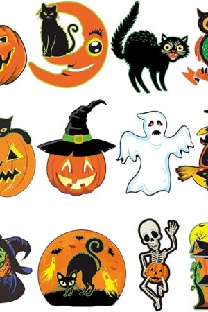 Vintage Halloween Decorations - 12 Piece Large Size Cutouts, Durable Cardboard Classic Artwork Cut Outs Old Style Halloween Elements for Window Wall Decor