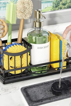 Cisily Sink Caddy Organizer with Drying Stone, Instant Dry Sponge Holder, Sink Brush Holder for Countertop, Kitchen Storage Organizer and Accessories, Black