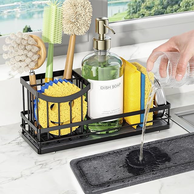 Cisily Sink Caddy Organizer with Drying Stone, Instant Dry Sponge Holder, Sink Brush Holder for Countertop, Kitchen Storage Organizer and Accessories, Black