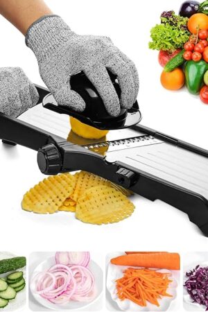 VEKAYA Mandoline Slicer for Kitchen, Stainless Steel Professional Vegetable Slicer with Adjustable Thickness, Ultra Sharp Blades, Safety Gloves & Food Holder, Ideal for Potatoes, Onions, Cucumbers