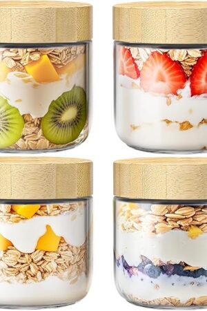 4 Pack 10oz Overnight Oats Containers with Bamboo Lids, Glass Jars with Airtight Lids for Meal Prep, Wide Mouth Mason Salad Jars, Glass Food Storage Container for Yogurt Chia Snacks Spice Sugar