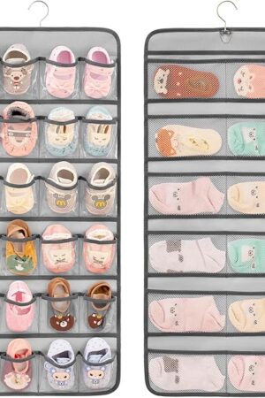 Dual-sided Hanging Baby Shoes Organizer Closet Toddler Shoe Storage Holder for Kids Bow Socks Underwear (GREY)