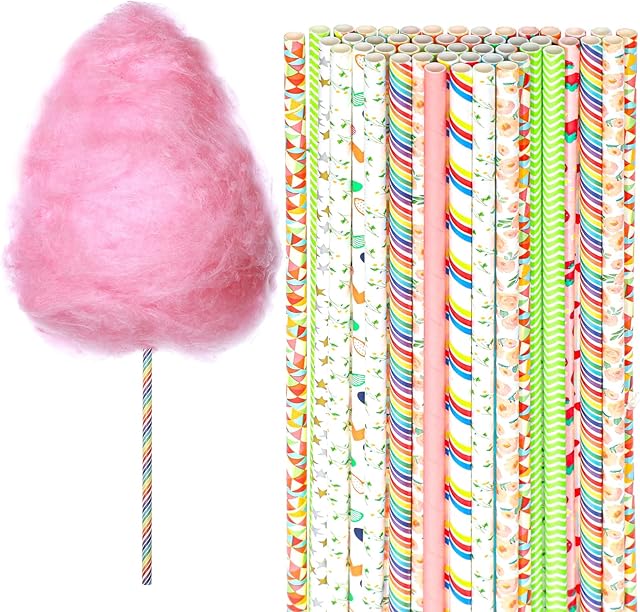 50 PCS Cotton Candy Sticks, 11.81inch Random Color Cotton Candy Holder, Cotton Candy Cones, Paper Straws Cones for Birthday Wedding Party, Holiday, Candy Making