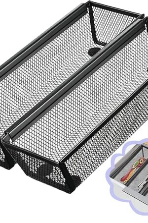 2PCS Drawer Organizer, Mesh Drawer Organizer with Interlocking Arm for Utensil, Cosmetic, Flatware, Pen (9 * 3 * 2 Inches, Black)