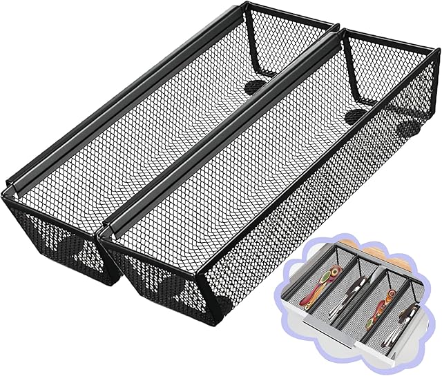 2PCS Drawer Organizer, Mesh Drawer Organizer with Interlocking Arm for Utensil, Cosmetic, Flatware, Pen (9 * 3 * 2 Inches, Black)