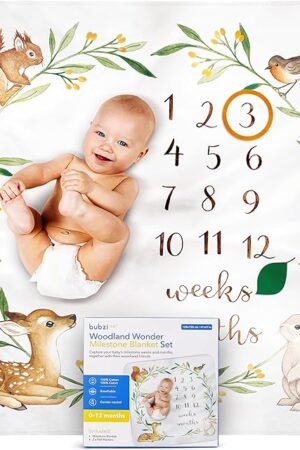 Bubzi Co Baby Monthly Milestone Blanket, Soft Woodland Photo Blanket for Baby Boy & Baby Girl, Nursery Bed Blanket, Newborn Essentials, Baby Registry Must Haves