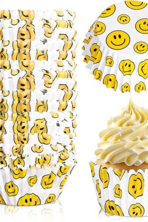 Whaline 300Pcs Smile Face Cupcake Liners One Happy Dude Cupcake Wrappers Decorative Paper Baking Cups Baking Liners for Baby Shower Wedding Birthday Party Supplies
