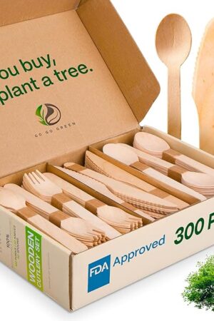 100% Compostable Cutlery Set - 300 Pieces Wooden Compostable Utensils [120 Forks, 90 Knives, 90 Spoons] - Disposable Wooden Cutlery, Eco Friendly Forks And Spoons Disposable Cutlery Set Party Utensils