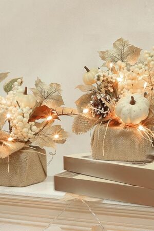 2 Styles & Timer Fall Decor - 2 Pack 11 Inch Tabletop Maple Tree Fall Decorations for Home, Lighted Fall Tree with 20 LEDs Battery Powered Leafed Pumpkin Cones Berry Halloween Thanksgiving Decorations