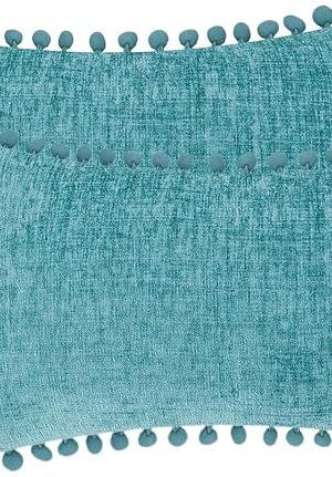 CaliTime Throw Pillow Covers Decorative 20 X 12 Inches Pack of 2 Cozy Solid Dyed Soft Chenille Cushion Cases with Pom Poms for Couch Sofa Bed Living Room Home Teal