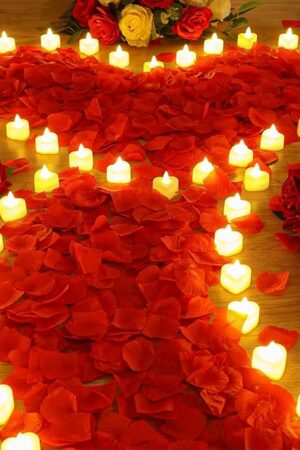 Coume 6000 Pieces Artificial Rose Petal with 72 Pieces LED Tea Lights Candle Romantic Rose Petal Heart Candle for Romantic Night Proposal Wedding Anniversary Decor(Warm White Light)