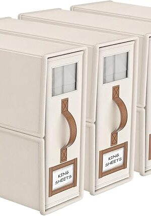 4 Pack Foldable Bed Sheets Set Organizers and Storage(King & Queen Size),Linen Fabric Closet Organizers with Window,Folding Bedding Storage Box for Bedsheets and Pillow Cube Organizer-Beige