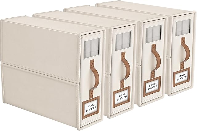 4 Pack Foldable Bed Sheets Set Organizers and Storage(King & Queen Size),Linen Fabric Closet Organizers with Window,Folding Bedding Storage Box for Bedsheets and Pillow Cube Organizer-Beige