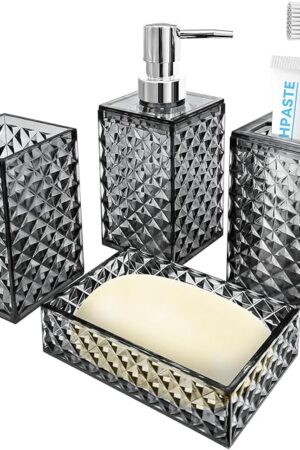 Bathroom Accessory Set, 4 PCS Grey Bathroom Accessories Set, Soap Dispenser and Toothbrush Holder Set, Soap Dish and Mouthwash Cup, Boho Bathroom Decor, Bathroom Sets Accessories