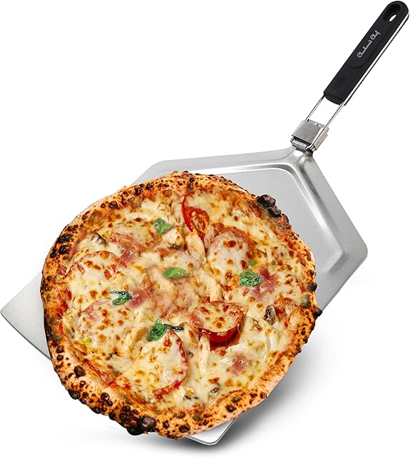 Checkered Chef Pizza Peel - Extra Large, Stainless Steel Metal Pizza Paddle with Folding Handle, Outdoor Pizza Oven Accessories - 13 Inch x 15 Inch