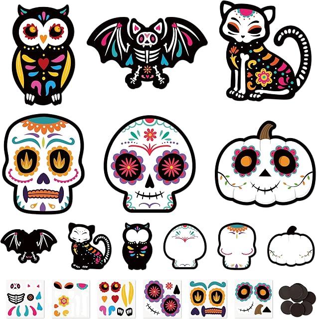 The Haooryx DIY Day of The Dead Magnet Craft Kit - 30 Set Make Your Own Dia de Los Muertos Sugar Skull Decoration Sticker Craft Halloween Mexican Festival Party Supply Kid Art Project Bulletin Board Decor