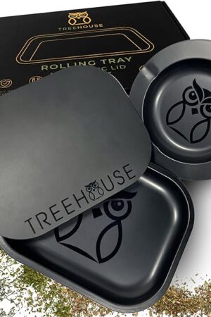 Black Treehouse Rolling Tray Set with PVC Soft Magnetic Lid, Ashtray Included for Home Storage or Travel - 7" x 5.5", Small, Cute