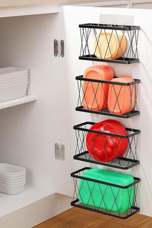BasicForm 4 Pack Metal Kitchen Inside Cabinet Door Organizer, Adhesive Lid Organizers Cabinet Door Storage for Tupperware Lid, Storage Holder Basket for Kitchen Wall Mounted (Black)