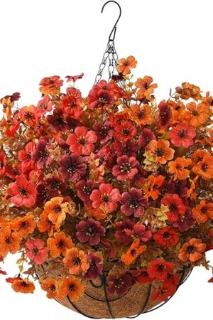 Artificial Fake Fall Hanging Plants Flowers Basket, Faux Silk Daisy in Planter Realistic UV Resistant for Outside Home Patio Balcony Yard Autumn Outdoor Decoration (Orange Brown Red)