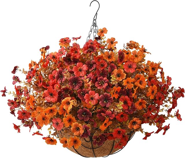Artificial Fake Fall Hanging Plants Flowers Basket, Faux Silk Daisy in Planter Realistic UV Resistant for Outside Home Patio Balcony Yard Autumn Outdoor Decoration (Orange Brown Red)