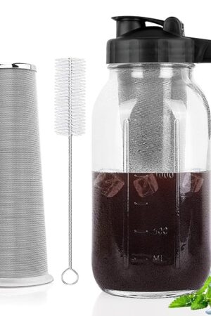 Cold Brew Coffee Maker Pitcher 64 Oz Glass Mason Jar Stainless Steel Filter