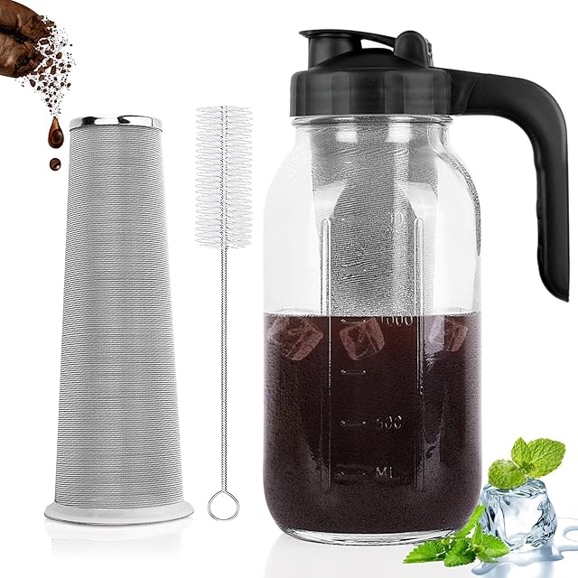 Cold Brew Coffee Maker Pitcher 64 Oz Glass Mason Jar Stainless Steel Filter