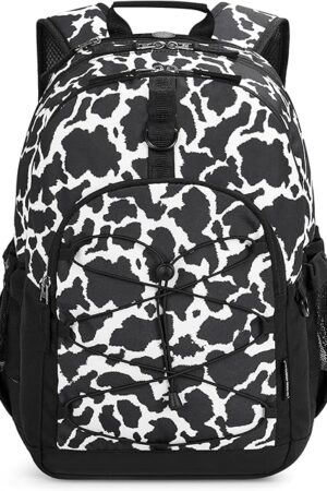 Choco Mocha Cow Print Backpack for Teen Girls, Travel School Backpack for Girls Middle School Large Bookbag 18 Inch, Black