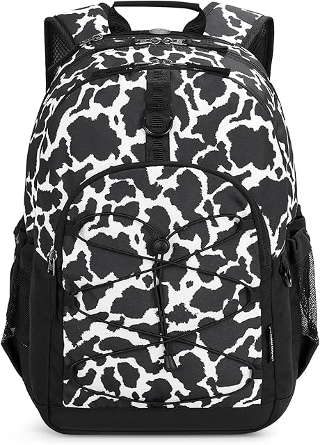Choco Mocha Cow Print Backpack for Teen Girls, Travel School Backpack for Girls Middle School Large Bookbag 18 Inch, Black