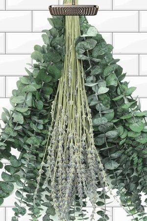 115 PCS Dried Eucalyptus Stems with Lavender Flowers Bundle for Shower, 17'' Natural Real Live Eucalyptus Leaves Branches Hanging Shower Plant for SPA Home Fragrance Bathroom Table Vase Decor