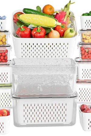 10 Pack Fruit Storage Containers for Fridge with Removable Colanders - Food Storage Containers with Lids, BPA-Free Produce Containers Keep Fruits, Vegetables, Berry, Meat Fresh Longer