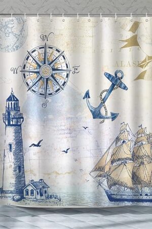Bonhause Nautical Shower Curtain, Coastal Lighthouse Compass Anchor Sailboat Bathroom Decor 72 x 72 Inch Polyester Fabric Waterproof Bathroom Curtain with 12 Hooks