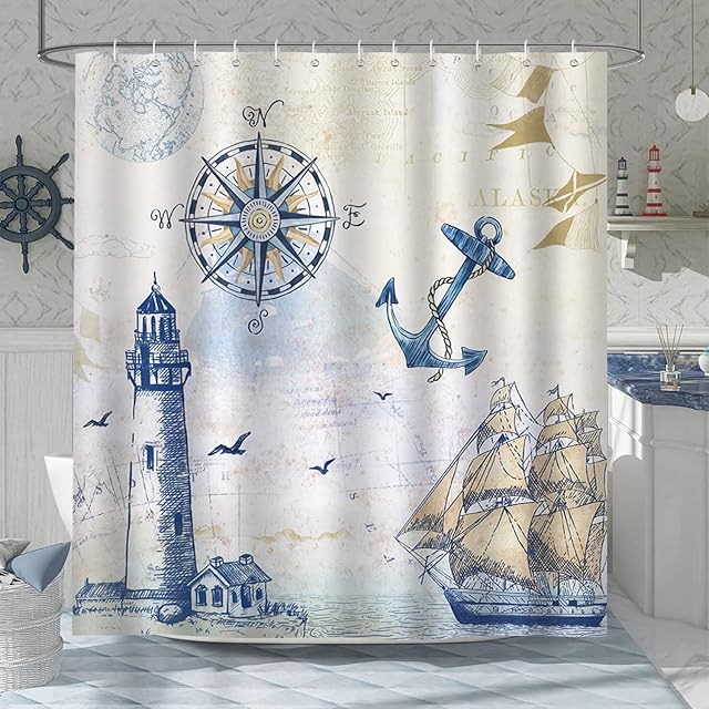 Bonhause Nautical Shower Curtain, Coastal Lighthouse Compass Anchor Sailboat Bathroom Decor 72 x 72 Inch Polyester Fabric Waterproof Bathroom Curtain with 12 Hooks