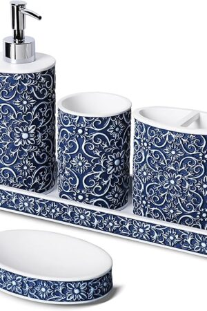 Bathroom Accessories Set, Elegant Handmade Floral Pattern, 5 Pcs Bathroom Accessory Set, Soap Dispenser, Toothbrush Holder, Qtip Holder, Complete Bathroom Sink Set, Blue