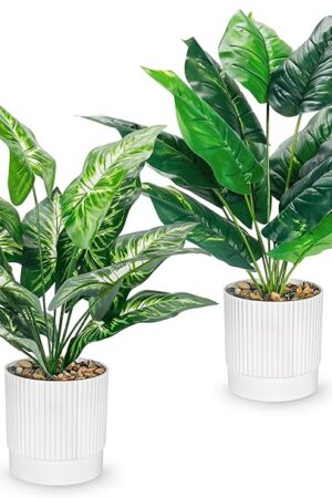 Der Rose 2 Pack Fake Plants Artificial Tropical Plants Indoor in White Pot for Home Office Desk Accessories Bathroom Sage Green Decor