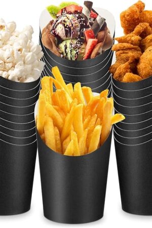 200 Pcs French Fry Cups 14 oz Charcuterie Black Paper French Fries Holders Cups Popcorn Box Waffle Cone Take out Party Baking for Wedding Sandwich Food